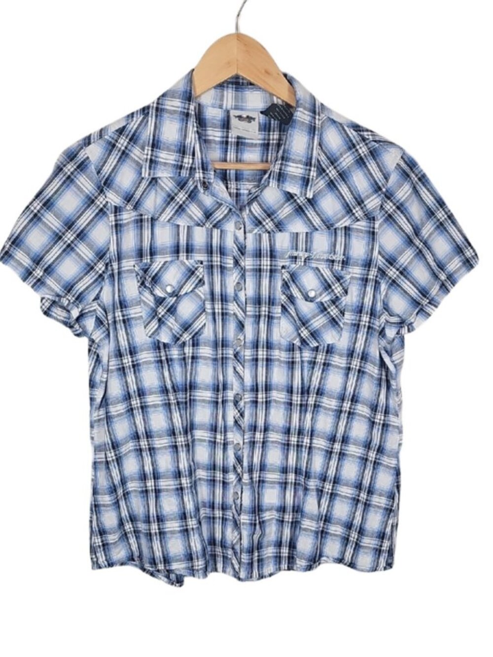 Harley-Davidson Women's XL Blue Plaid Short Sleeve Snap Shirt Embroidered Biker